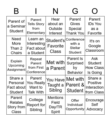 Parent Teacher Conferences Bingo Card