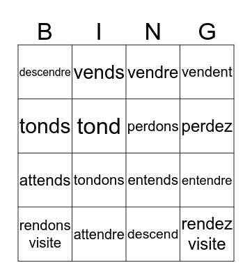 Regular -re verbs Bingo Card