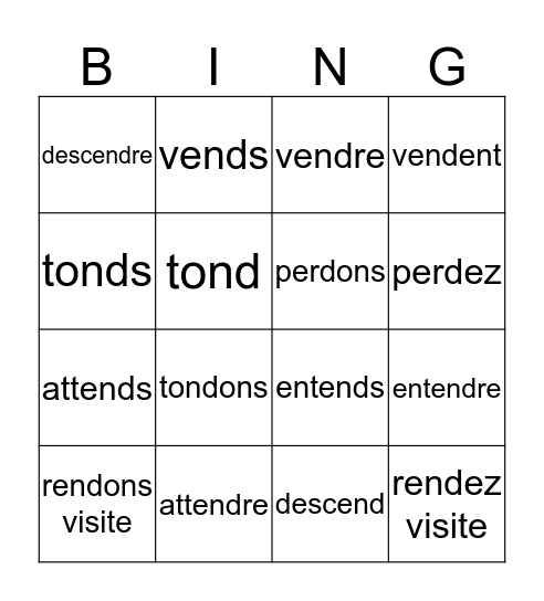 Regular -re verbs Bingo Card