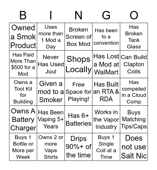 Vapers Bingo Card