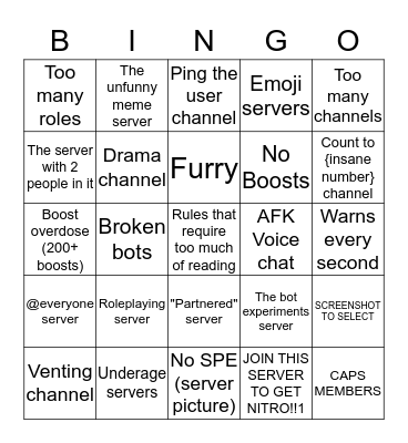 The Discord Server Bingo (your own servers don't count!) Bingo Card