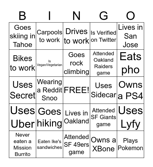Join the Reddit Meetup Group! https://groups.google.com/group/SFredditors Bingo Card