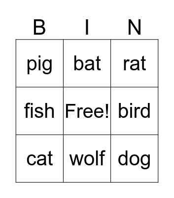 Animal  Bingo Card