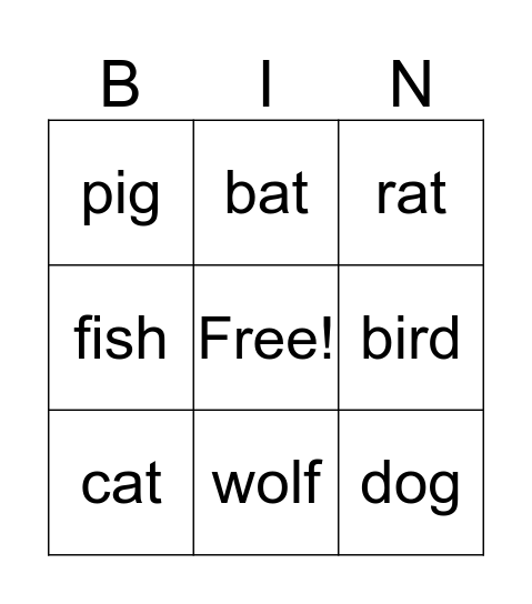 Animal  Bingo Card