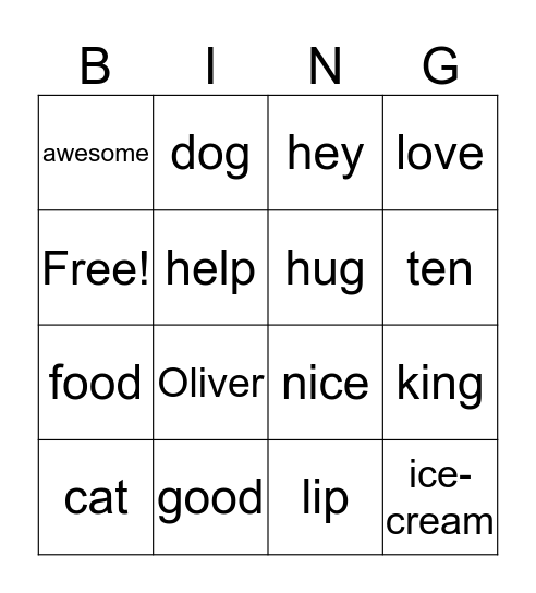 Oliver's Bingo Card