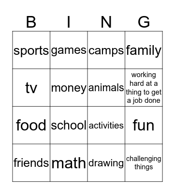 Ben's Favorite Things Bingo Card