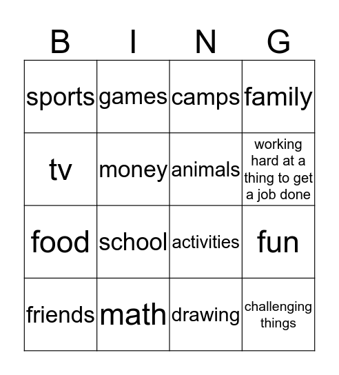 Ben's Favorite Things Bingo Card