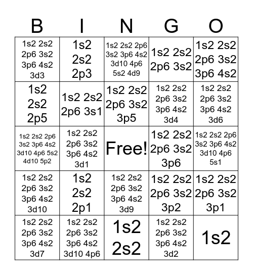 Reverse Electron Configuration Bingo Card