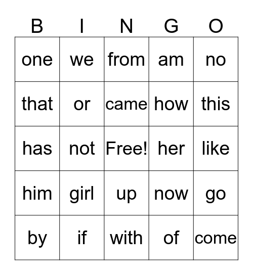 SIGHT WORDS Bingo Card