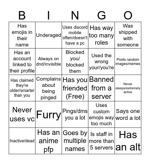 Discord user bingo (you and your alts don't count) Bingo Card