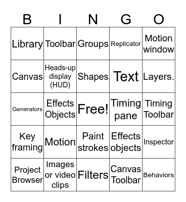 Motion Vocab Bingo Card