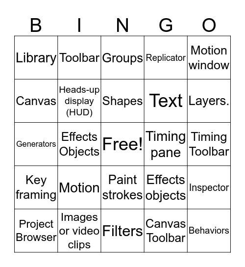 Motion Vocab Bingo Card