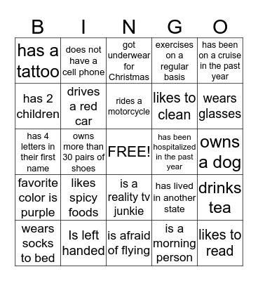 Getting to Know You Bingo Card