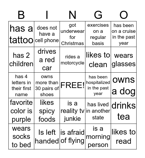 Getting to Know You Bingo Card