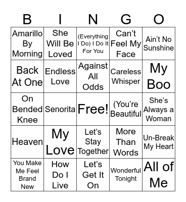 Love Song Bingo Card