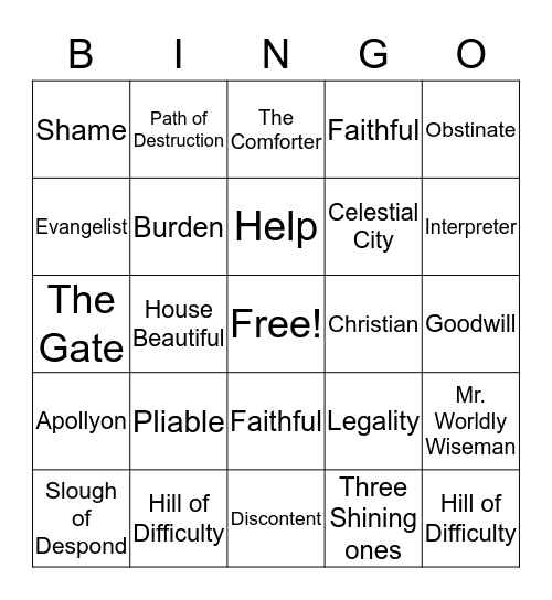 Pilgrim's Progress Bingo Card