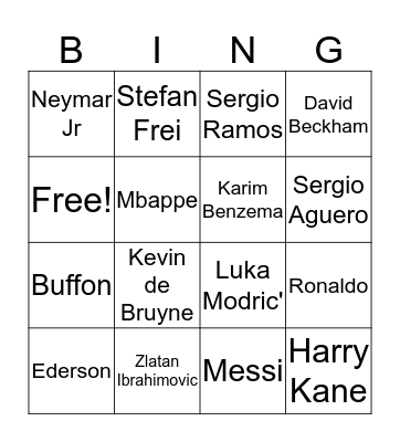 Soccer Player Bingo Card
