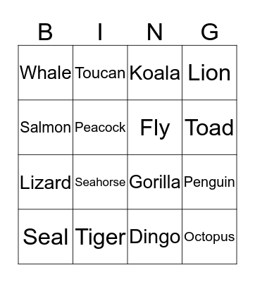 Animal Bingo Card