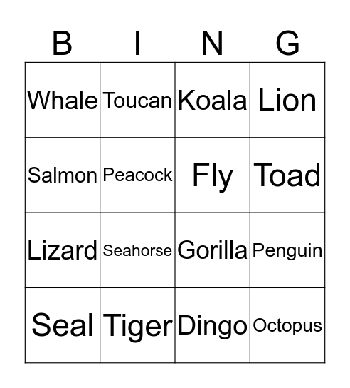 Animal Bingo Card