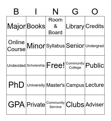 College Bingo Card