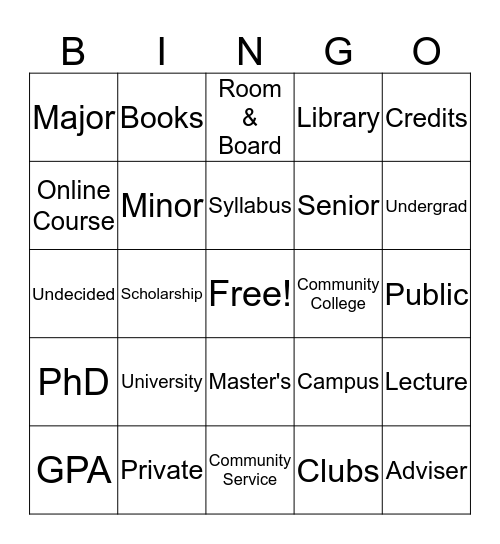 College Bingo Card