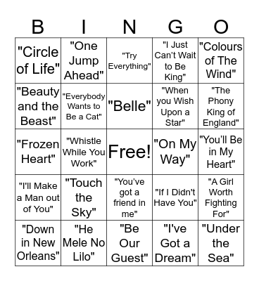 Musical Bingo - Disney  Bingo Card