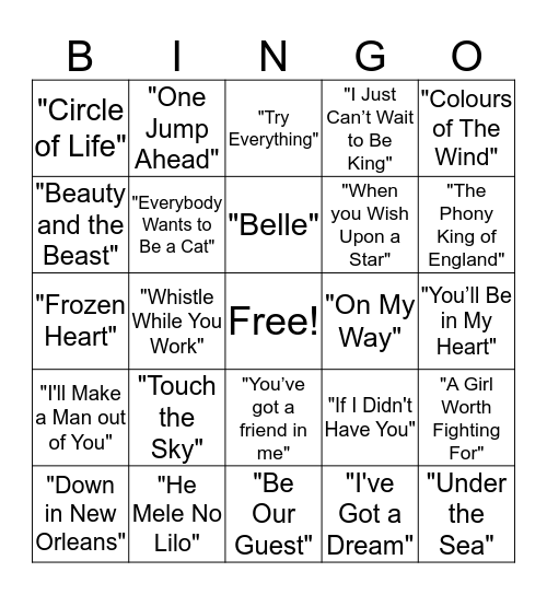 Musical Bingo - Disney  Bingo Card