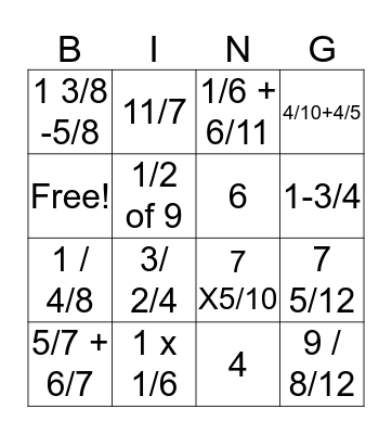 Fraction revision Bingo Card