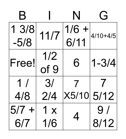 Fraction revision Bingo Card