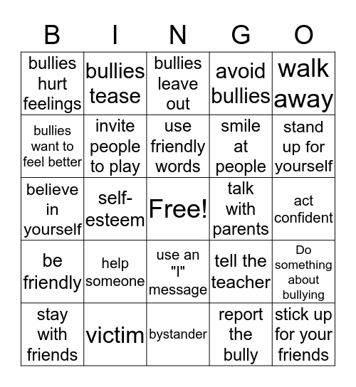 Bully Bingo Cards Bingo Card