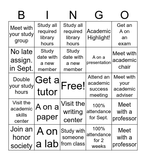 Academic Success Bingo Card