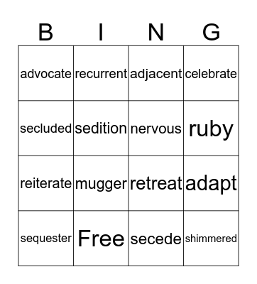 Vocabulary Bingo Card