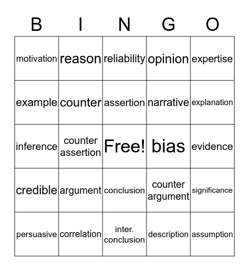 Critical Thining Vocabulary Bingo Card
