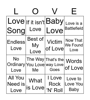 LOVE SONG BINGO Card