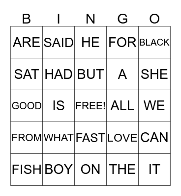 SIGHT WORD BINGO Card