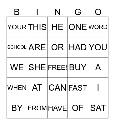 SIGHT WORD BINGO Card