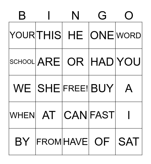 SIGHT WORD BINGO Card