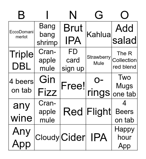 Drink Specials Bingo Card
