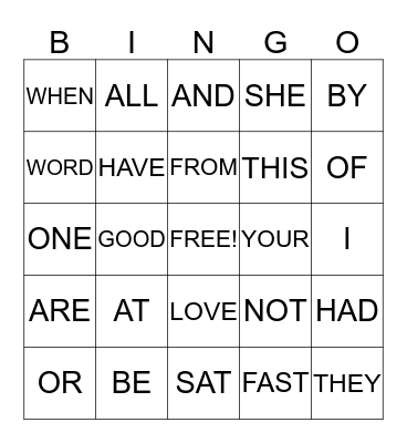 SIGHT WORD BINGO Card