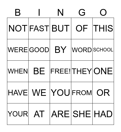 SIGHT WORD BINGO Card