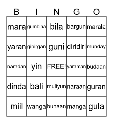 Aboriginal Language Bingo Card