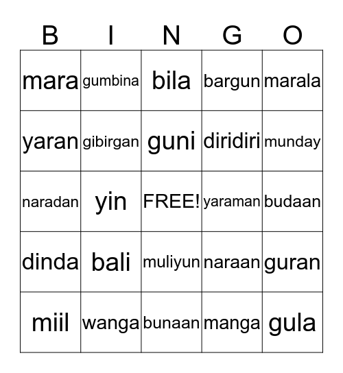 Aboriginal Language Bingo Card