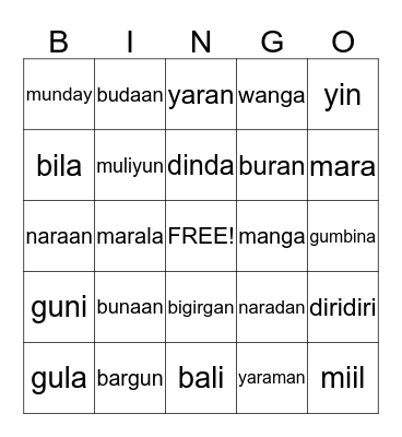 Aboriginal Language Bingo Card