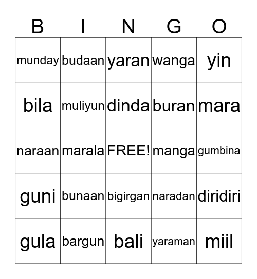 Aboriginal Language Bingo Card