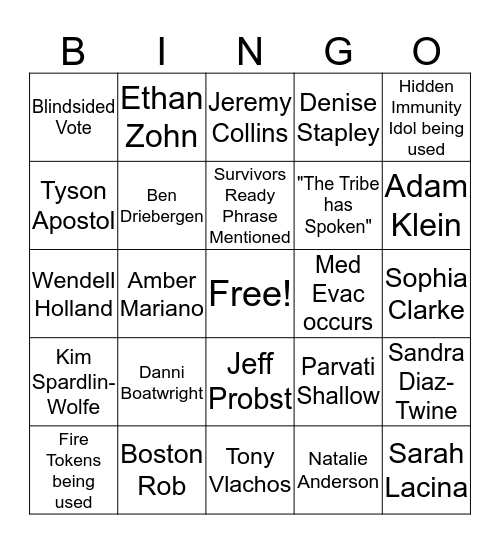 Survivor 40 Bingo Card