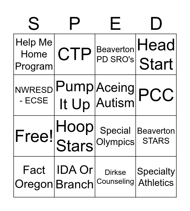 SPED Parent Fair 2020 Bingo Card
