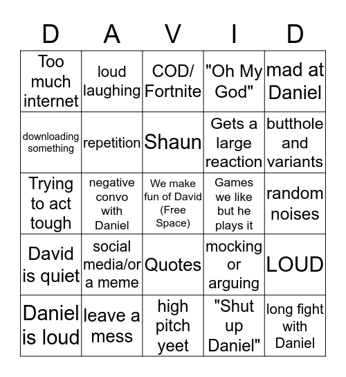 David Dumb-ass words Bingo Card