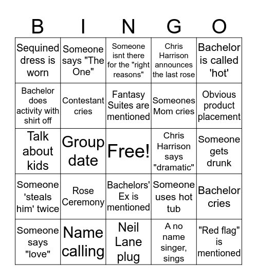 Bachelor Bingo Card