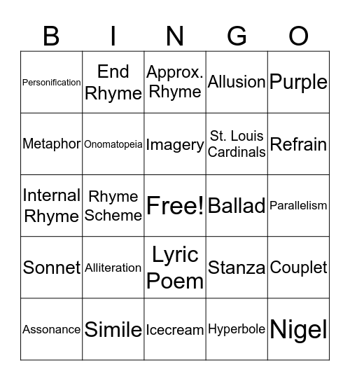 Poetry Vocab Bingo Card