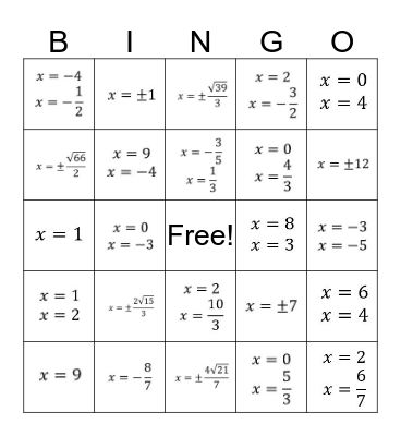 Algebra 2 - 5.5 Practice Bingo Card